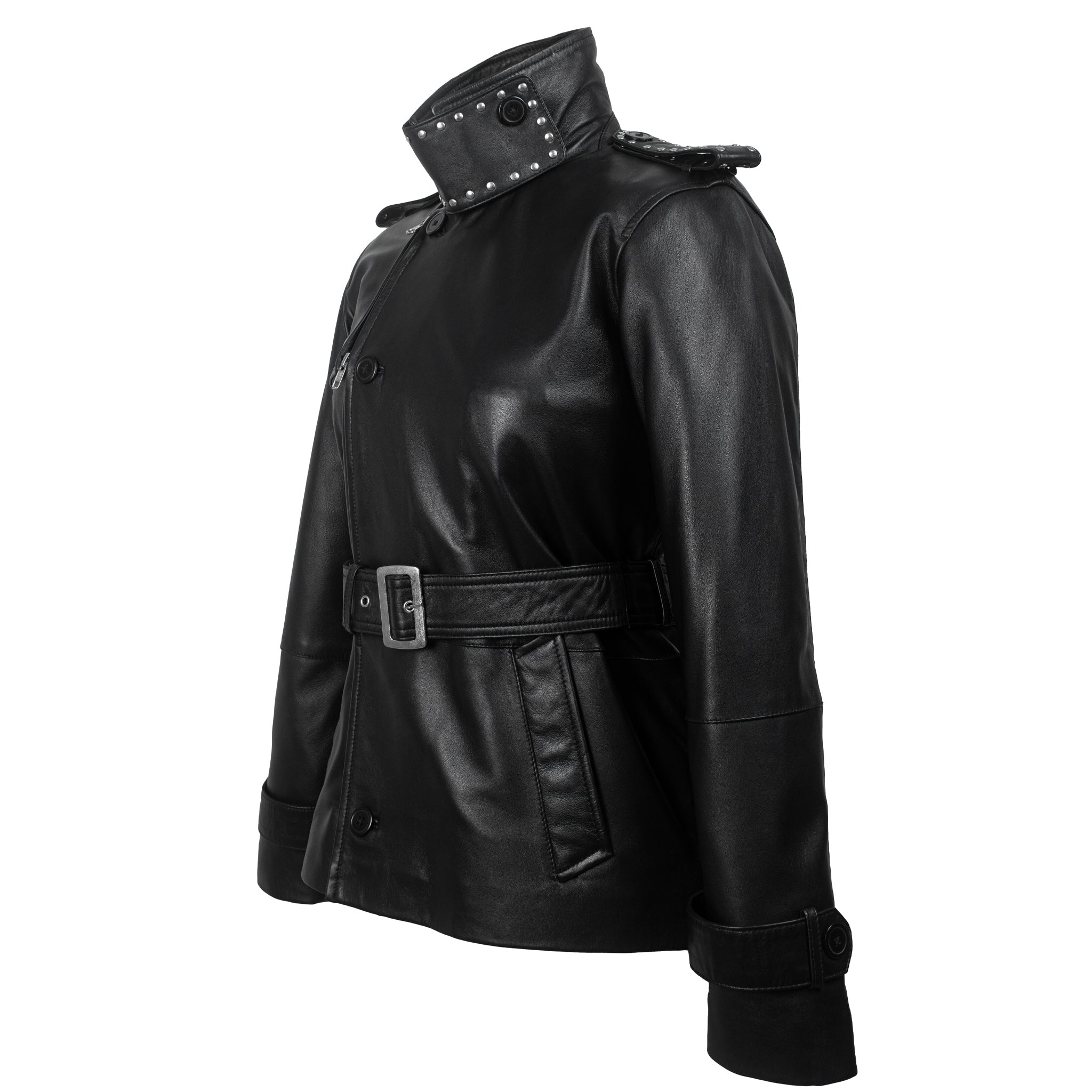 Black Studded Leather Trench Jacket-4