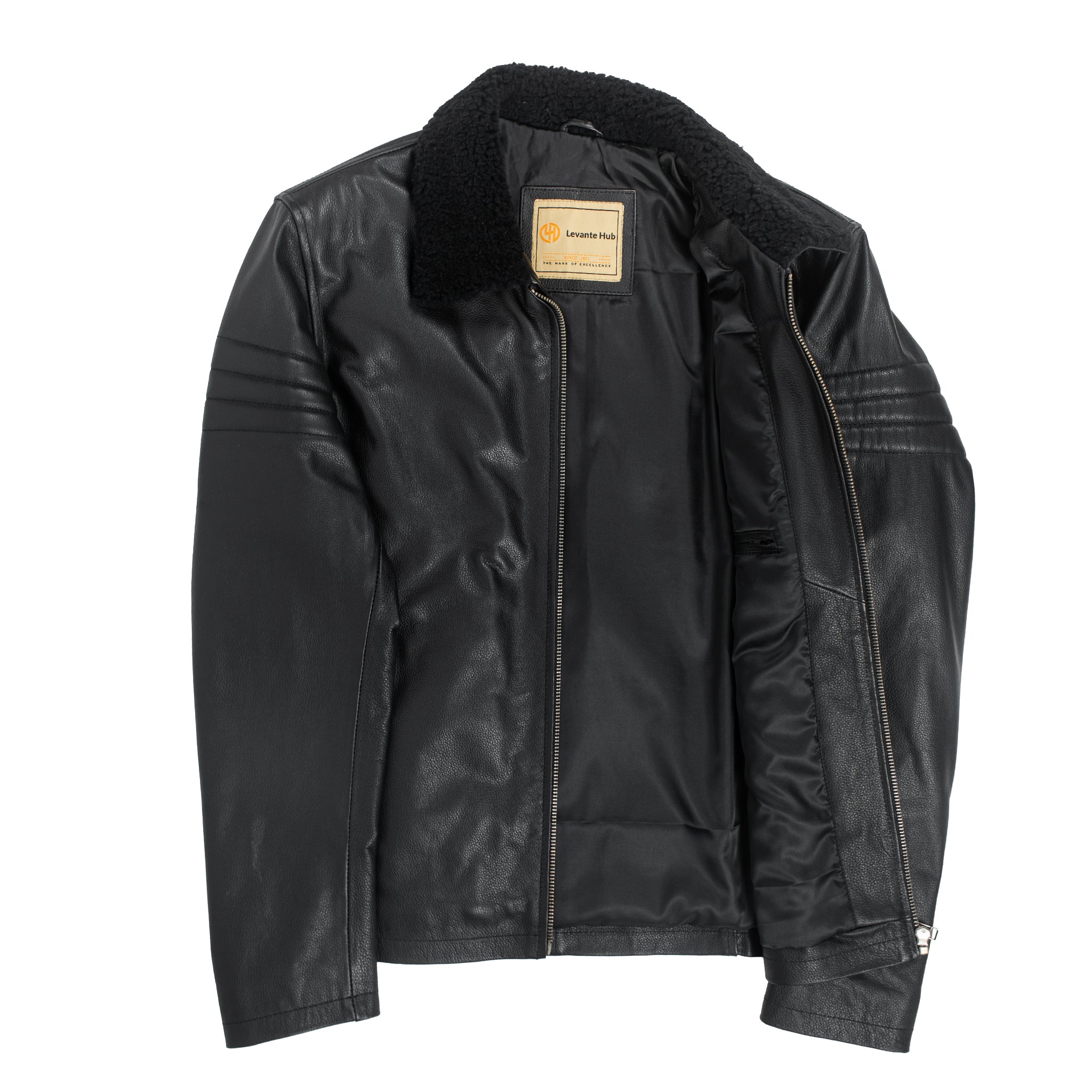 Black Stallion Cowhide Leather Jacket with Original Sheep Fur Collar