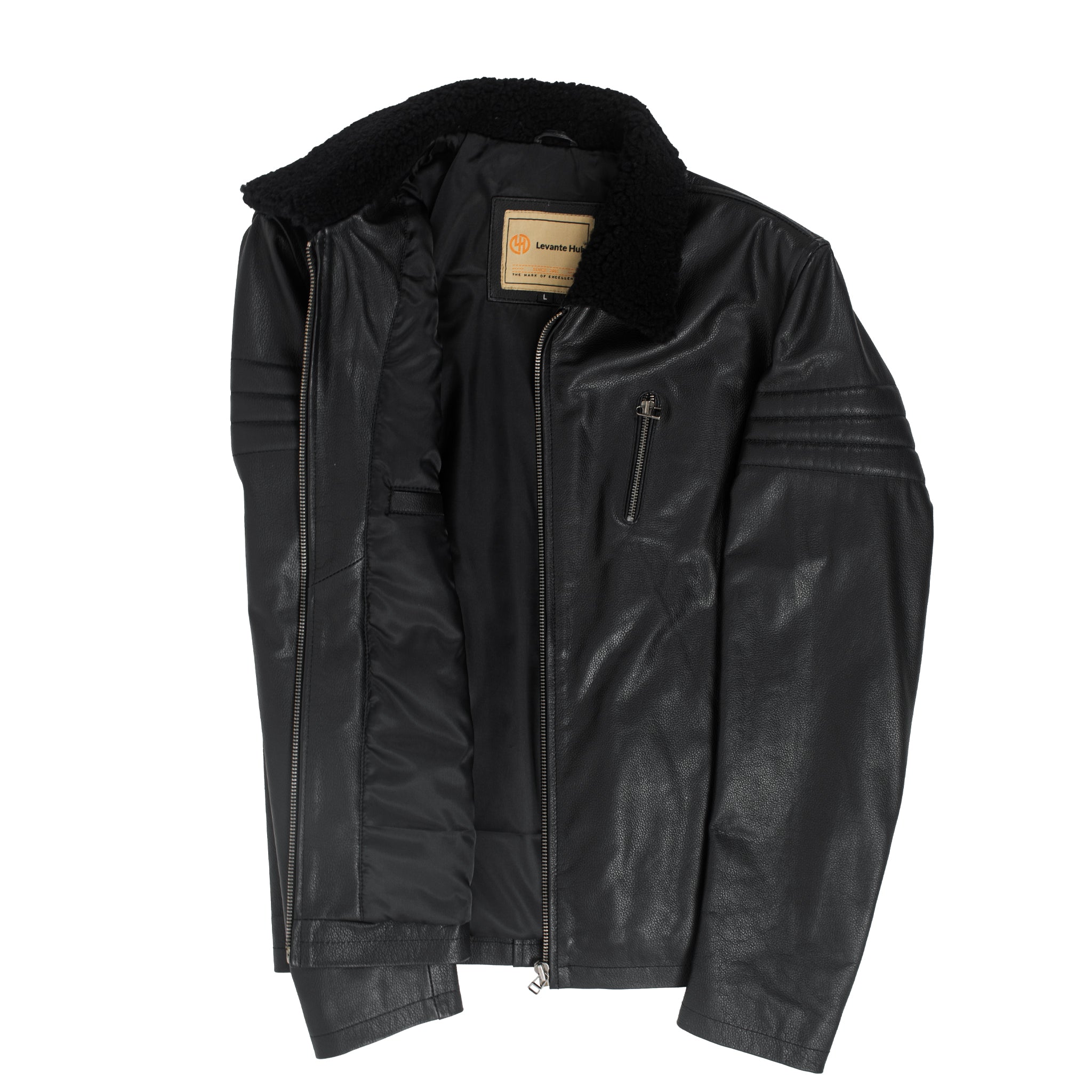 Black Stallion Cowhide Leather Jacket with Original Sheep Fur Collar