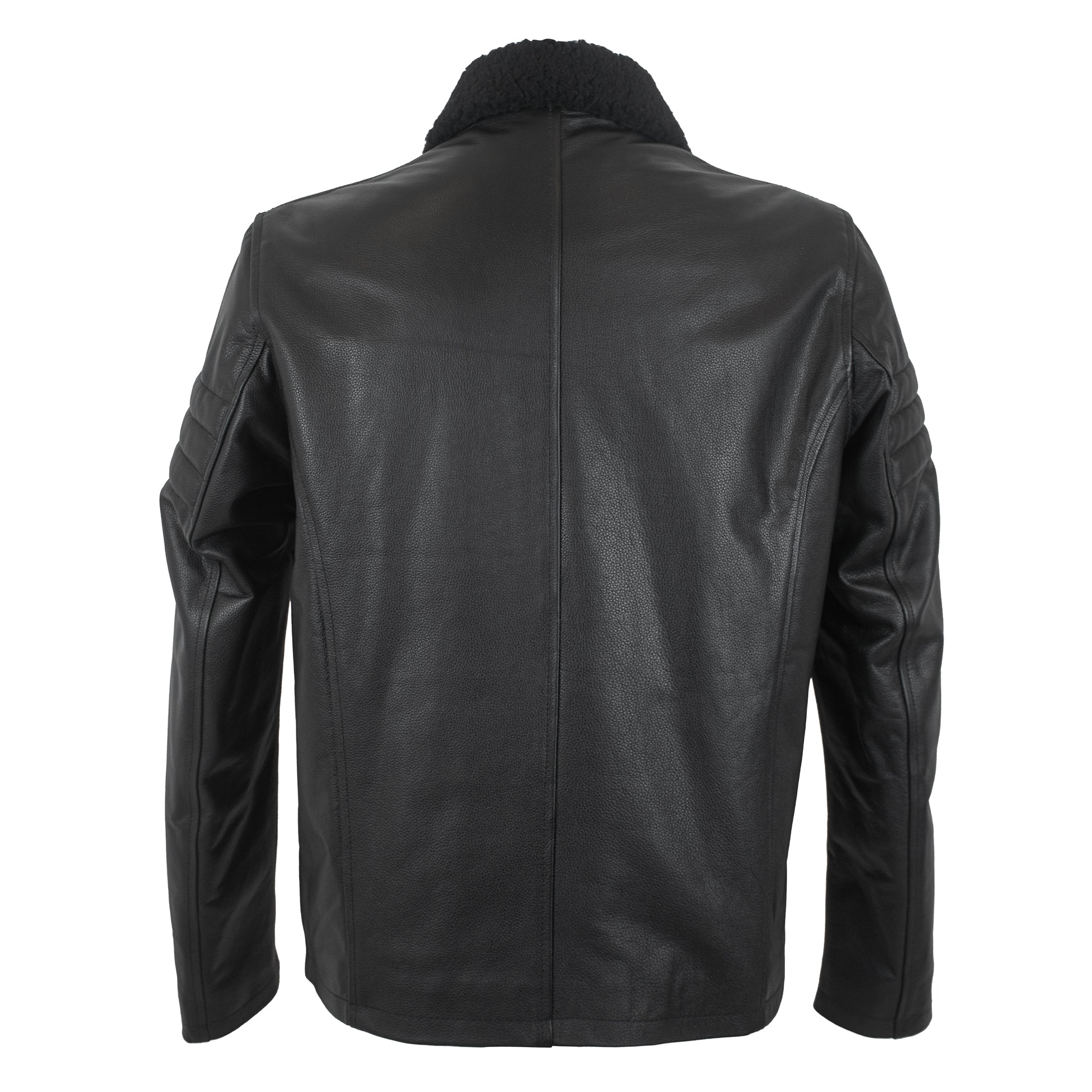 Black Stallion Cowhide Leather Jacket with Original Sheep Fur Collar