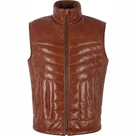 Mens Brown Real Leather Turtle Neck Vest-0