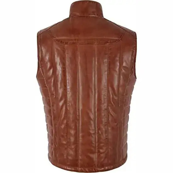 Mens Brown Real Leather Turtle Neck Vest-2