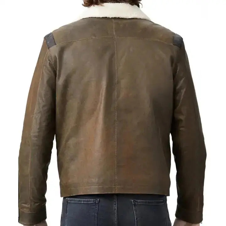 Men's Classic Cracked Lambskin Leather Shearling Bomber Jacket-1