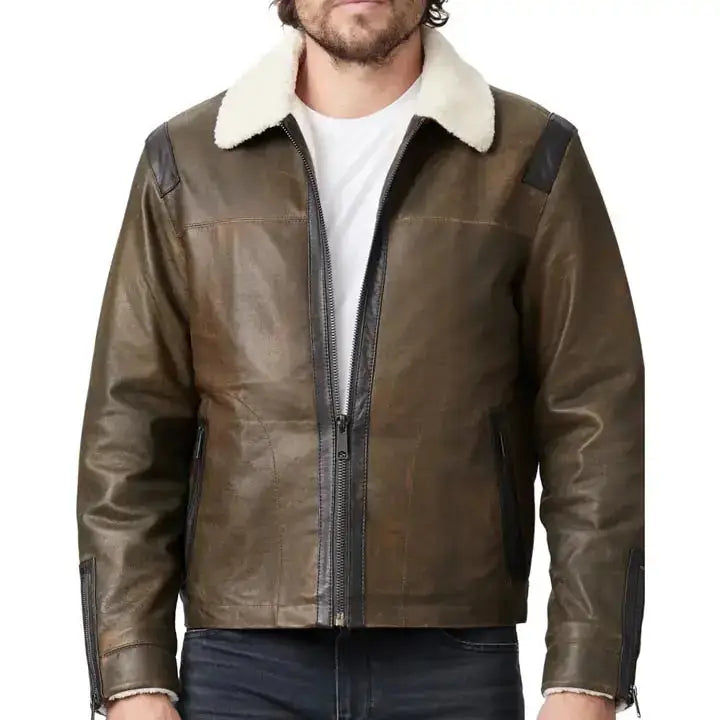Men's Classic Cracked Lambskin Leather Shearling Bomber Jacket-0