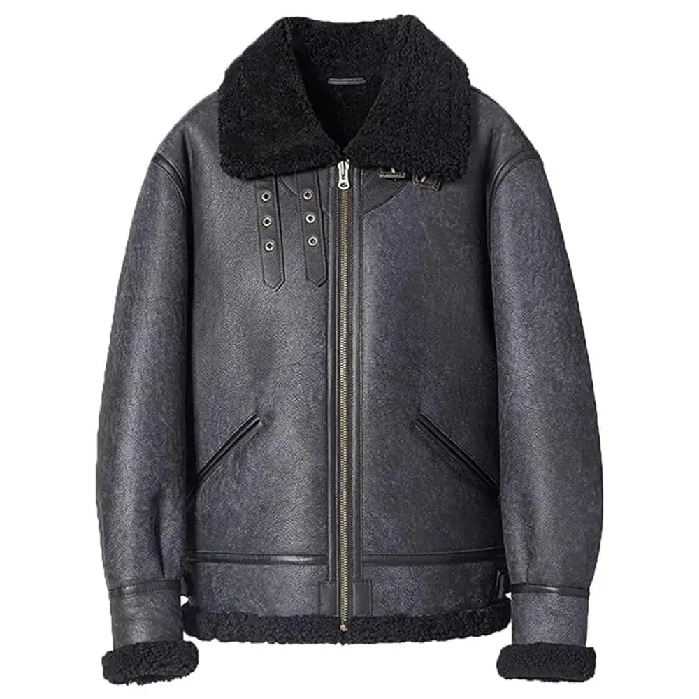 Men’s Grey B3 Bomber Jacket Sheepskin Shearling Coat-0