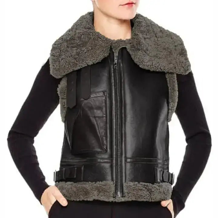 Women’s Black Leather B3 Aviator Sheepskin Shearling Vest