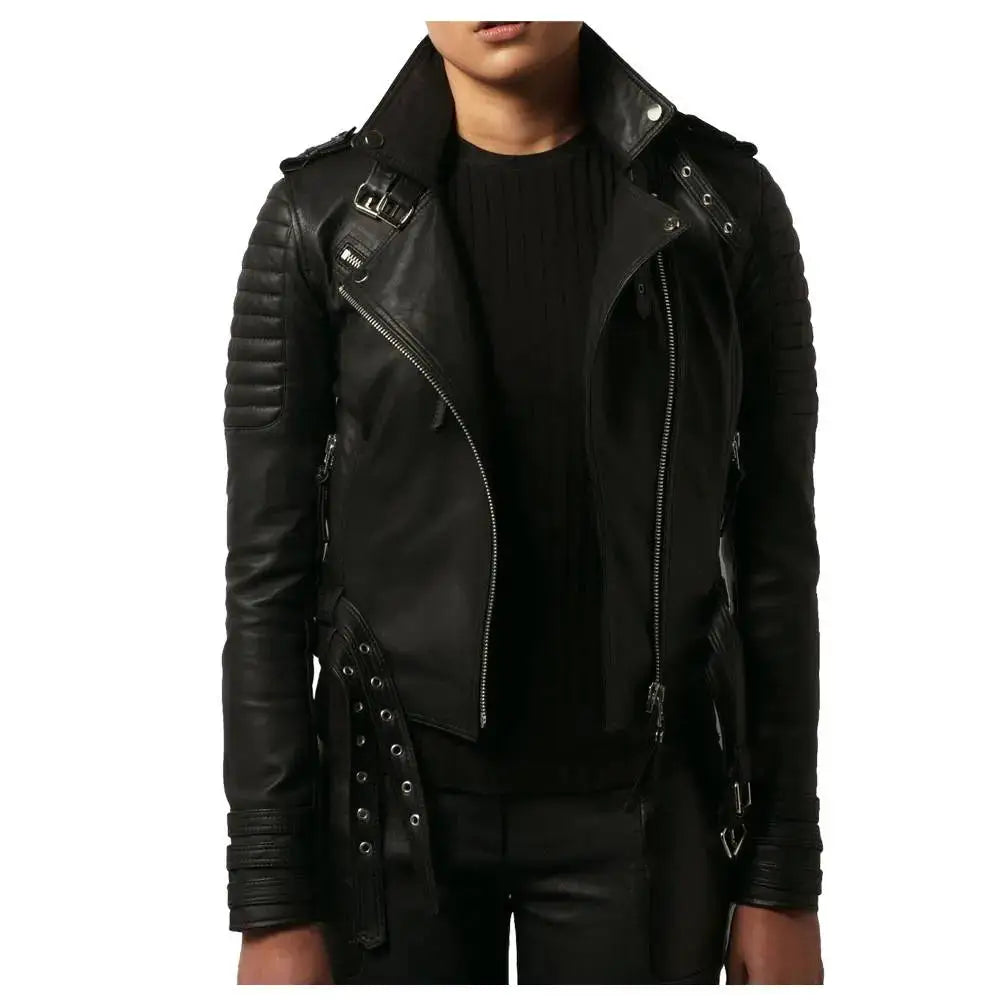 Women's Waist-Belted Slim Fit Lambskin Moto Biker Jacket