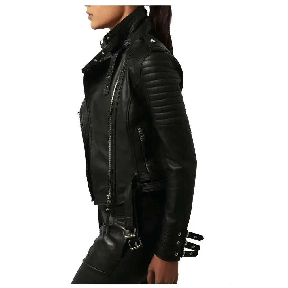 Women's Waist-Belted Slim Fit Lambskin Moto Biker Jacket