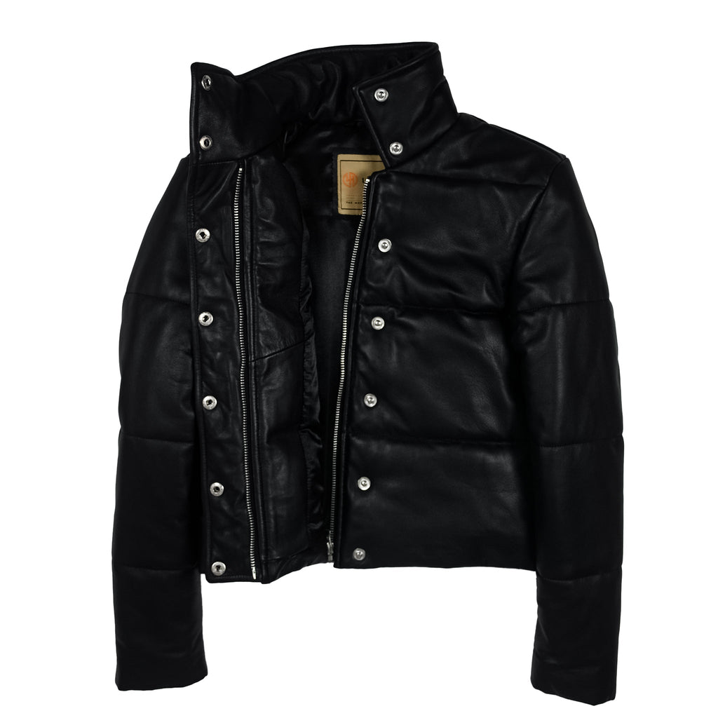 Black Puffer Leather Jacket-2