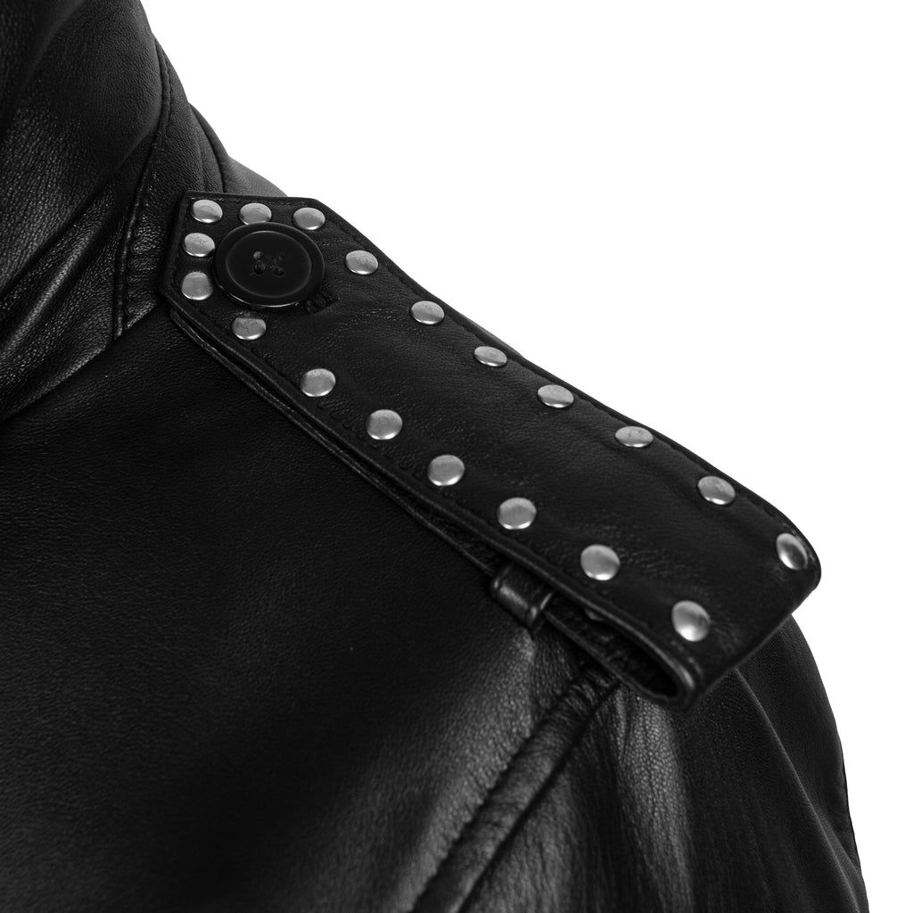 Black Studded Leather Trench Jacket-3