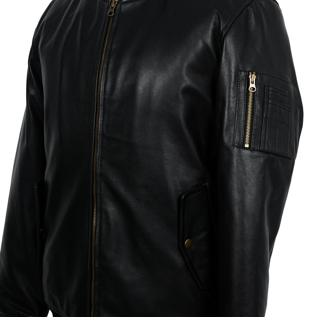 Black Classic Sheep Leather Bomber Jacket-3