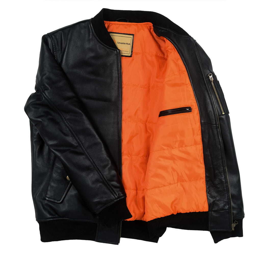 Black Classic Sheep Leather Bomber Jacket-2