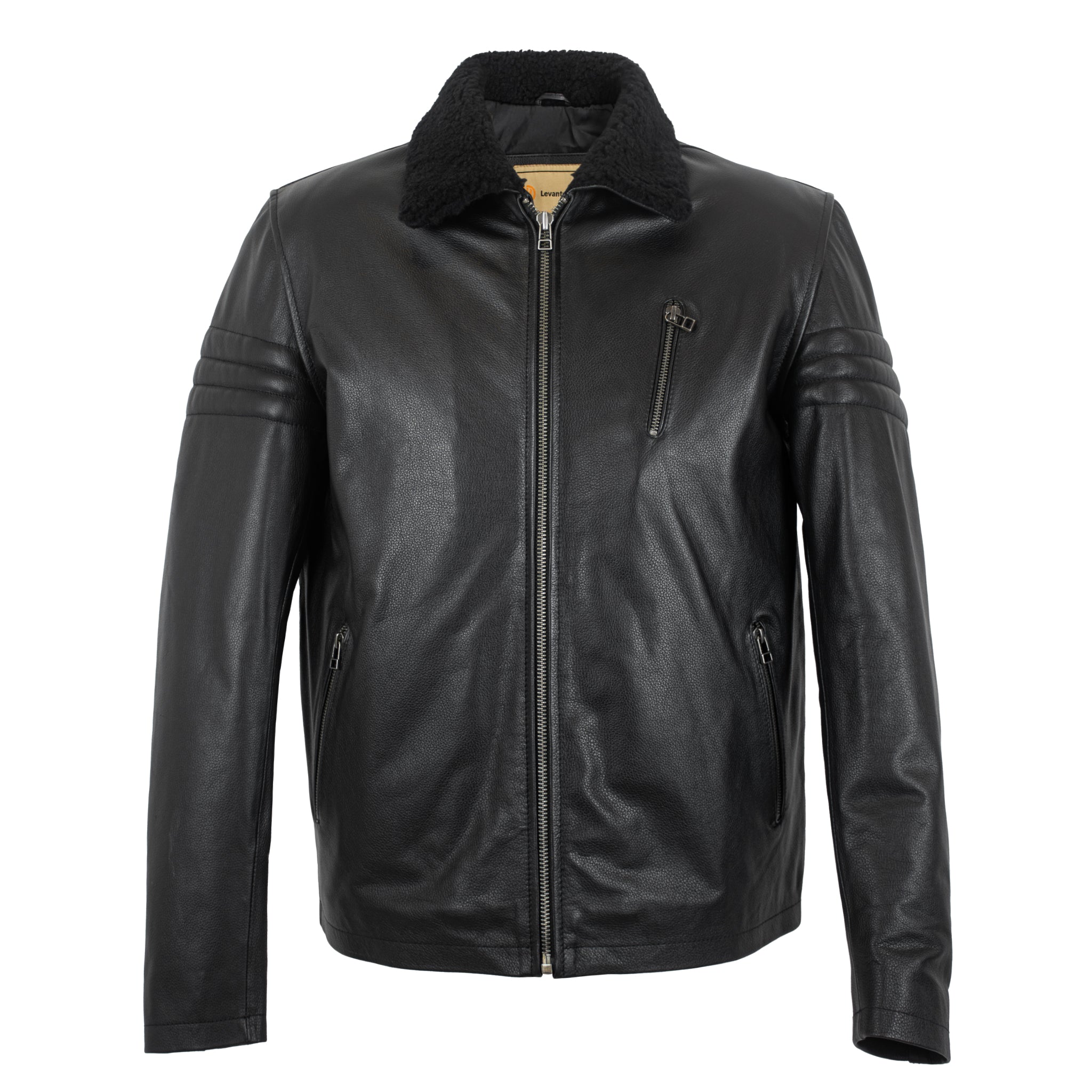 Black Stallion Cowhide Leather Jacket with Original Sheep Fur Collar