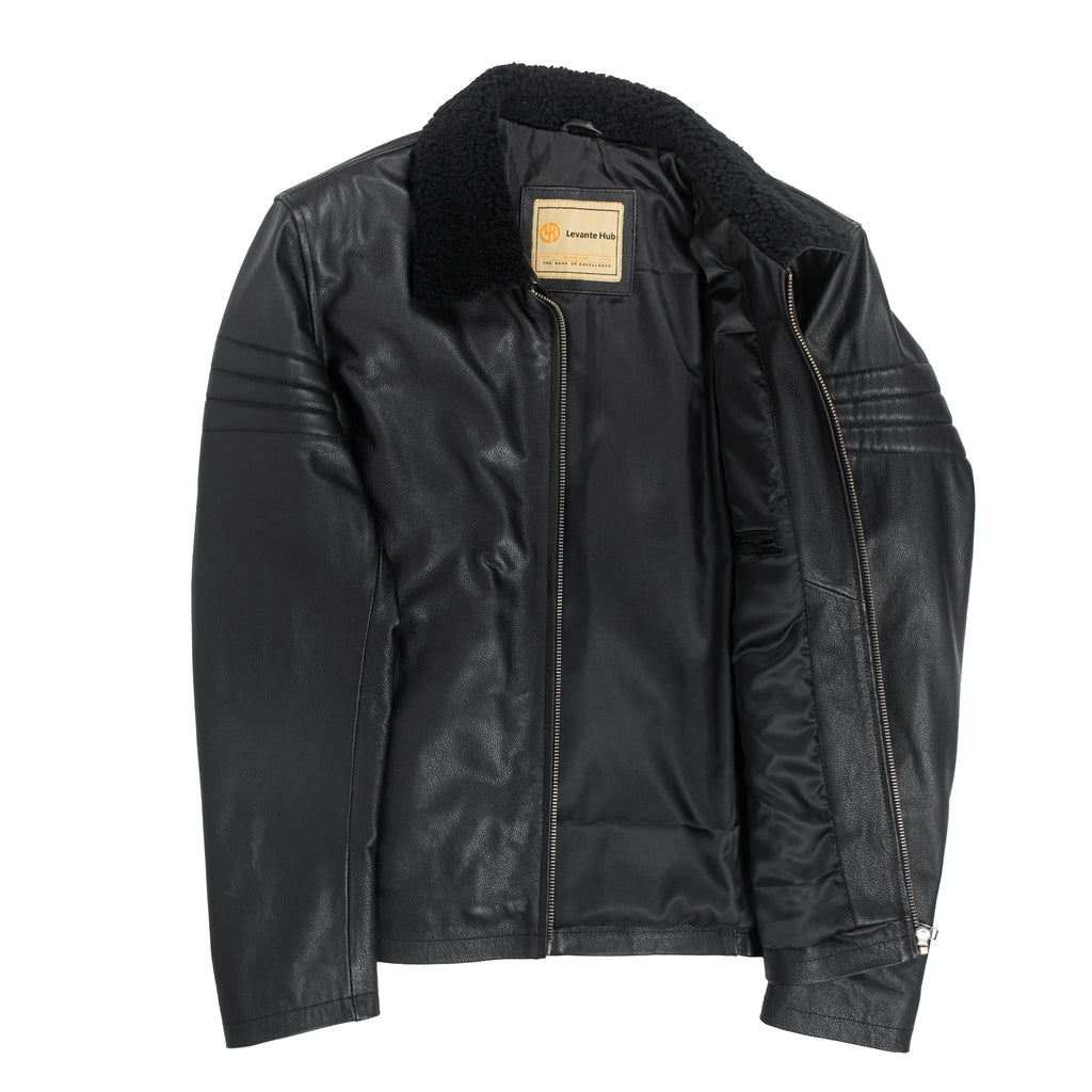 Black Stallion Cowhide Leather Jacket with Original Sheep Fur Collar