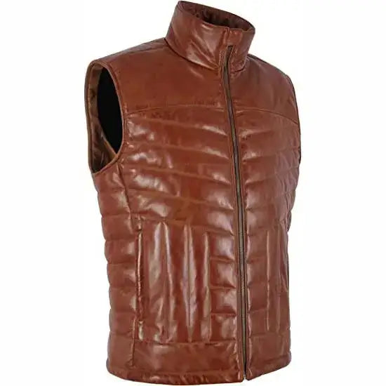 Mens Brown Real Leather Turtle Neck Vest-1