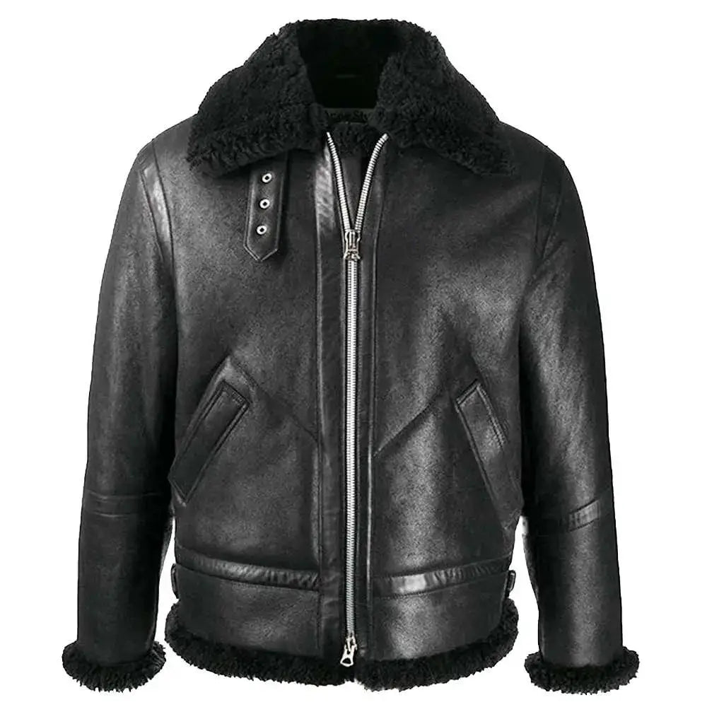 Mens Black Shearling Bomber Leather Jacket
