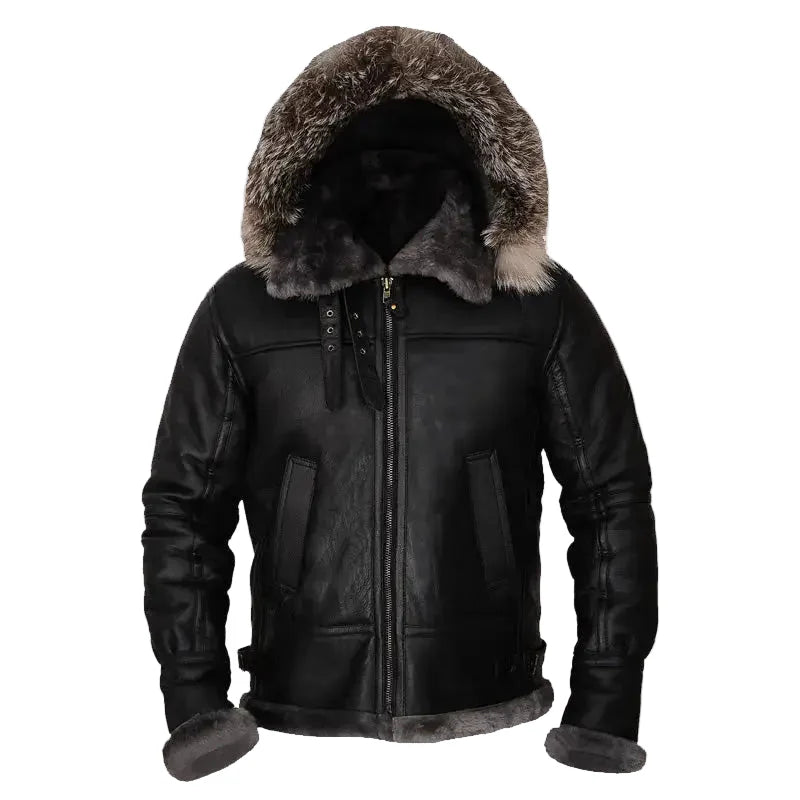 Men’s Black Hooded Shearling Jacket-0
