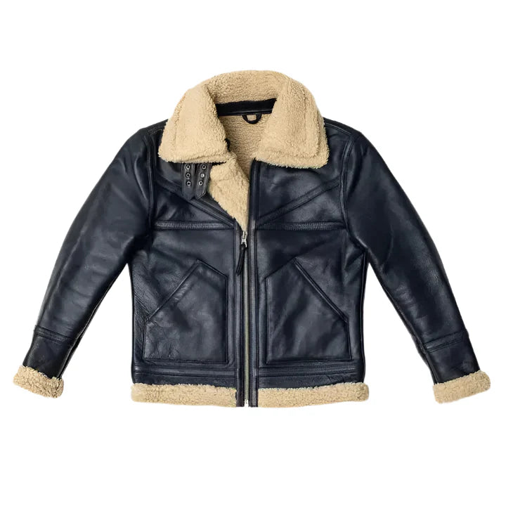 Mens Black Sheepskin Shearling Aviator Jacket-0