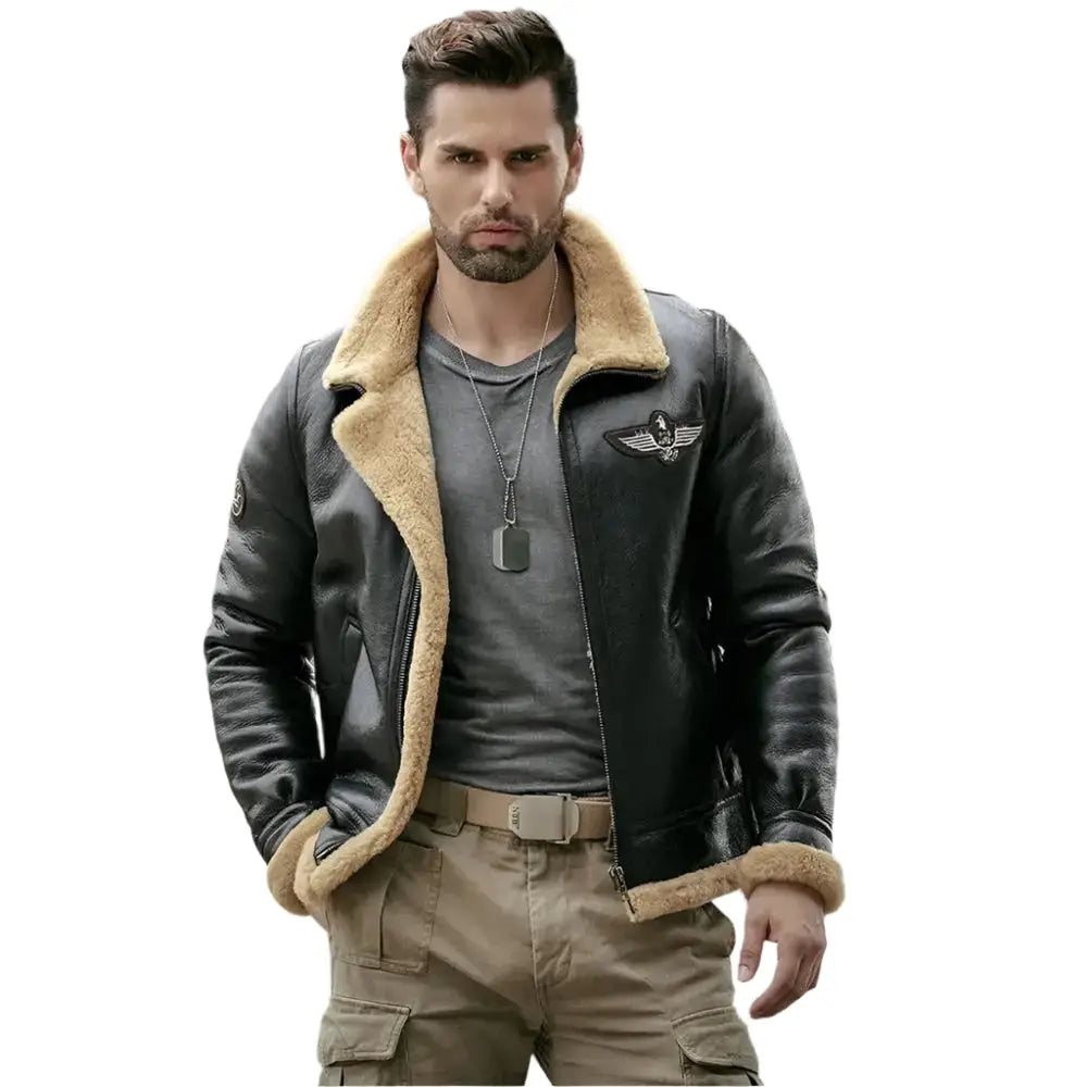 Mens Black B3 Shearling Motorcycle Jacket-0
