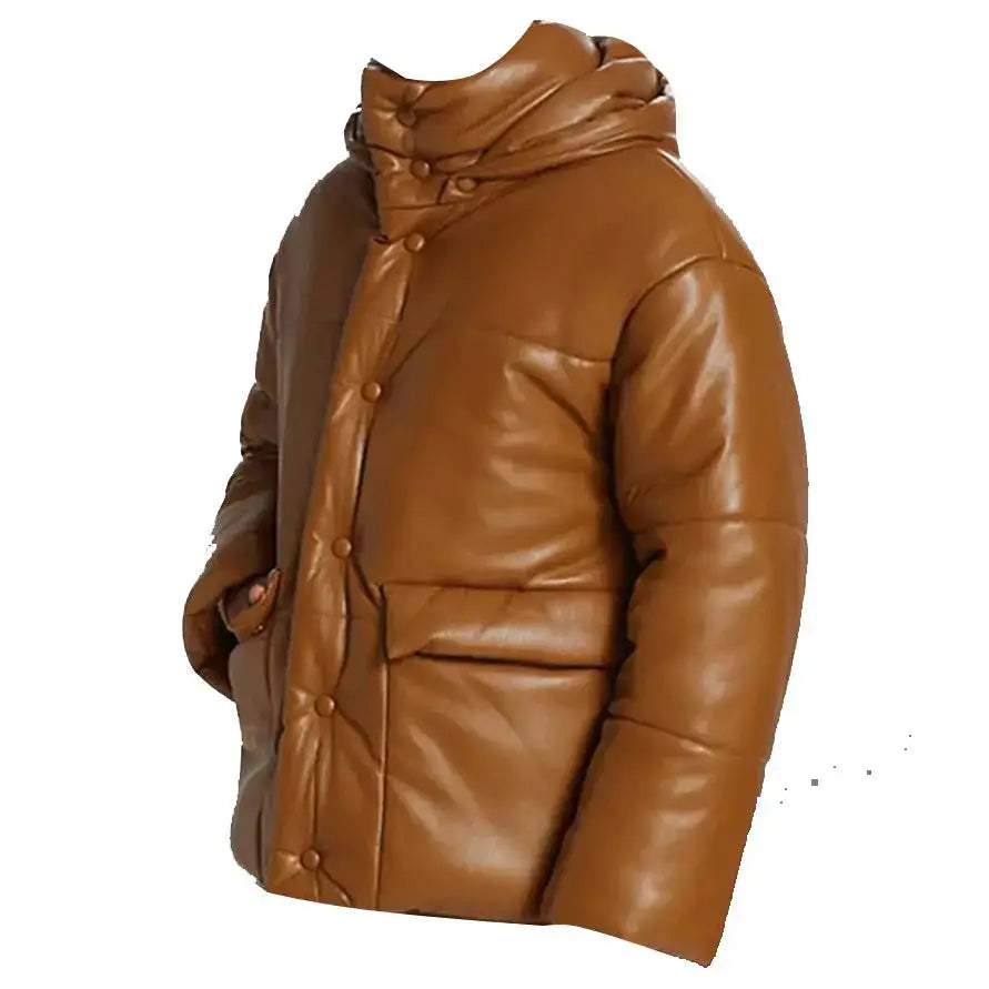 Men’s Brown Puffer Leather Bomber Jacket – Leather Down Jacket-2