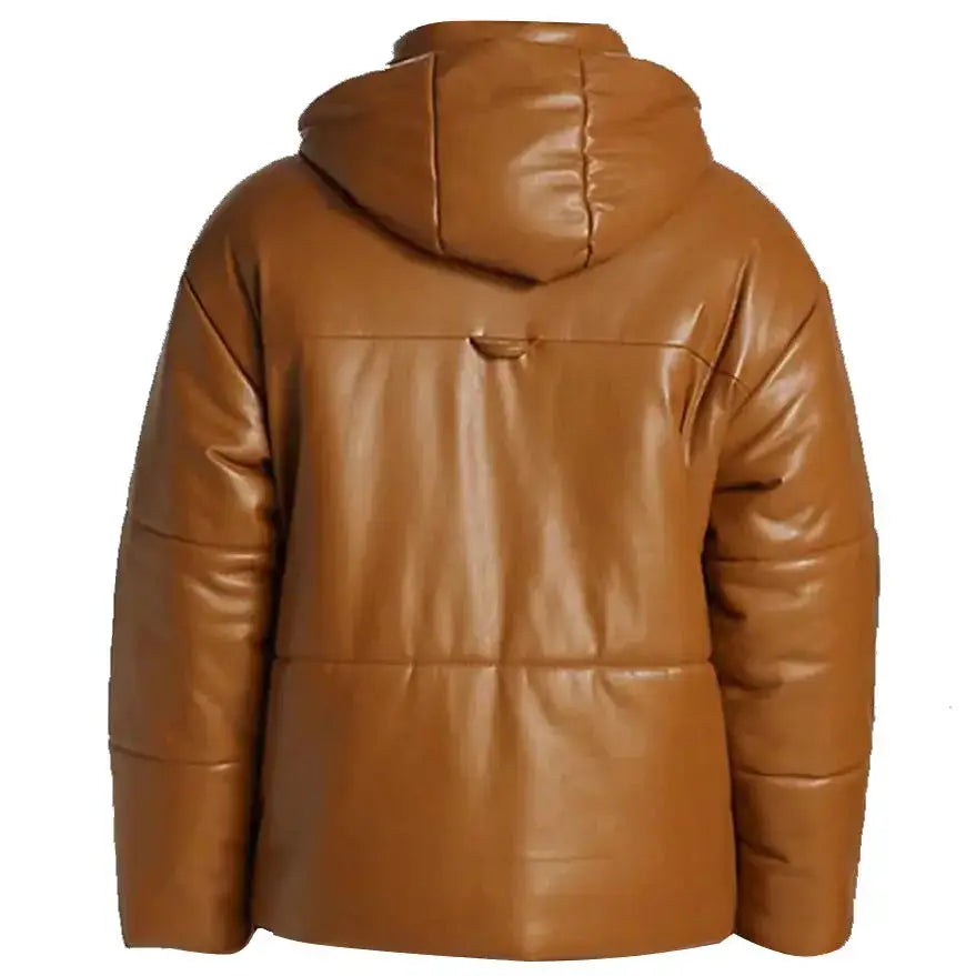 Men’s Brown Puffer Leather Bomber Jacket – Leather Down Jacket-1