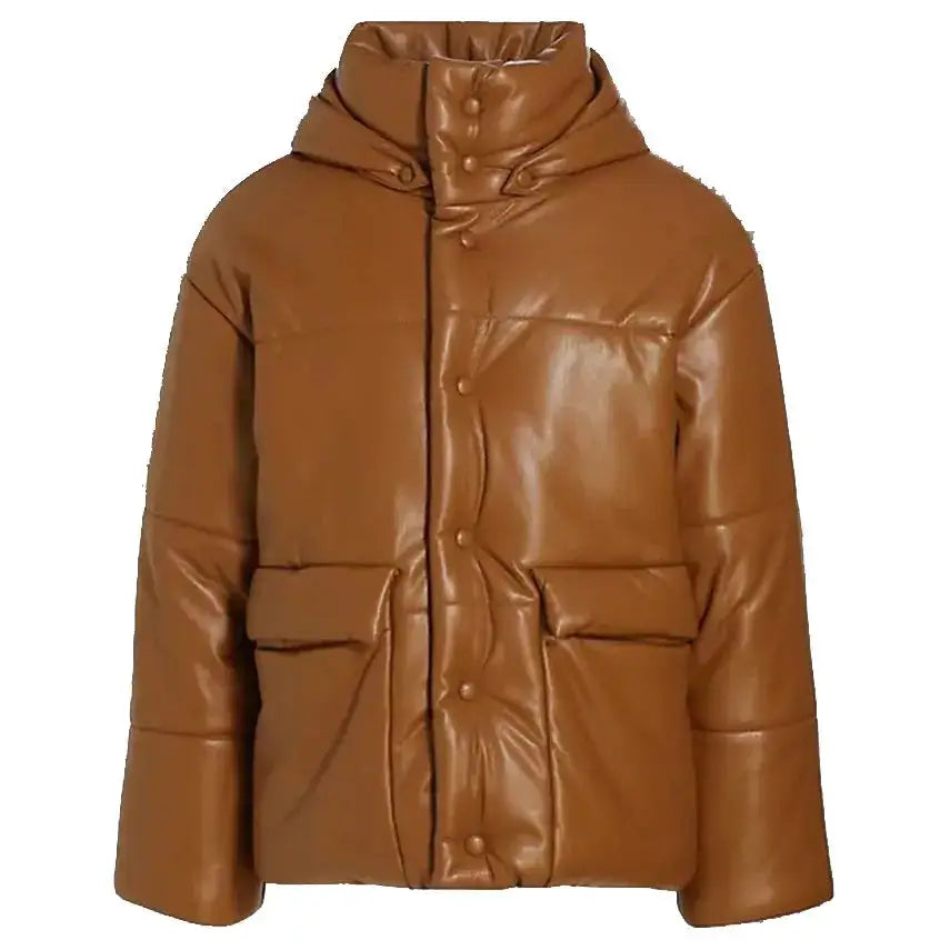 Men’s Brown Puffer Leather Bomber Jacket – Leather Down Jacket-0