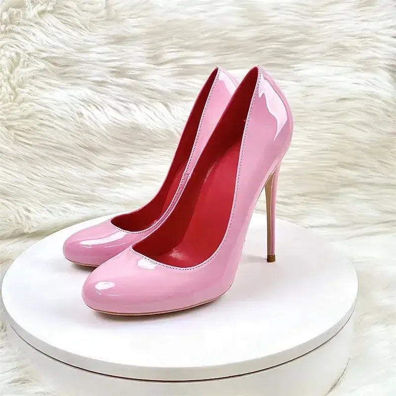 Round Head Lacquer Leather High Heels Shoes-8