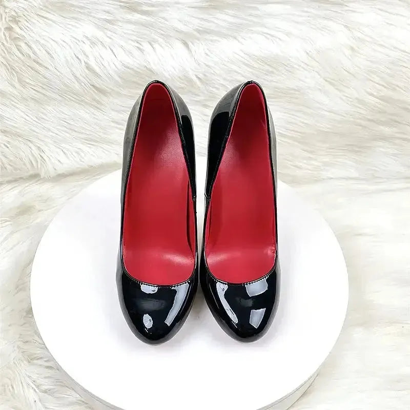Round Head Lacquer Leather High Heels Shoes-4