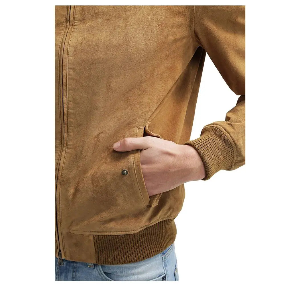 Men's Tan Suede Leather Bomber Jacket-2