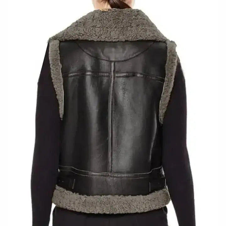 Women’s Black Leather B3 Aviator Sheepskin Shearling Vest