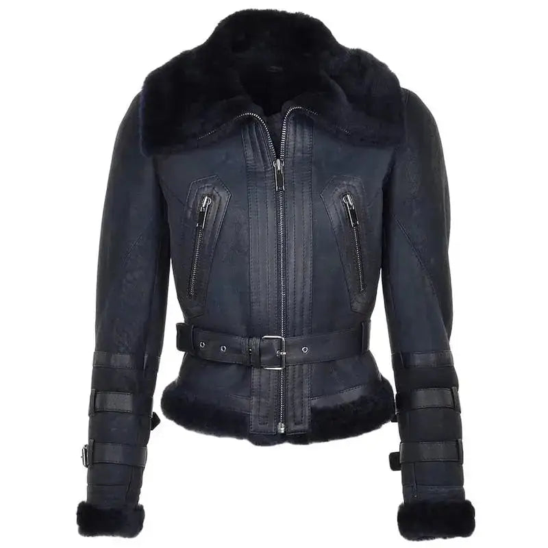 Womens Black Shearling Bomber Jacket-0
